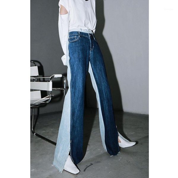 2020 fashion summer autumn women high waist jeans double color contrasted patchwork full length hit color side split loose jeans1, Blue
2020 fashion summer autumn women high waist jeans double color contrasted patchwork full length hit color side split loose jeans1, Blue