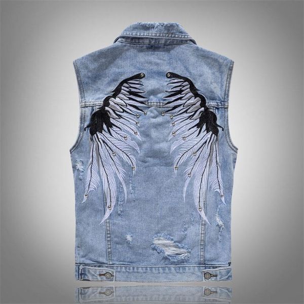 new men's ripped denim vests with wings embroidery hi street distressed denim sleeveless jacket waistcoat plus size m-5xl, Black;white
new men's ripped denim vests with wings embroidery hi street distressed denim sleeveless jacket waistcoat plus size m-5xl, Black;white