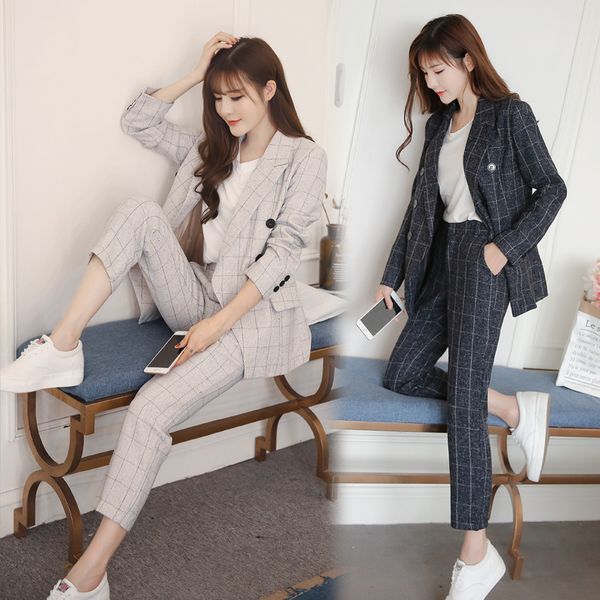 2020 autumn new women's two piece sets korean casual solid plaid slim double-breasted female blazer set office lady pants suits q1215, White
2020 autumn new women's two piece sets korean casual solid plaid slim double-breasted female blazer set office lady pants suits q1215, White