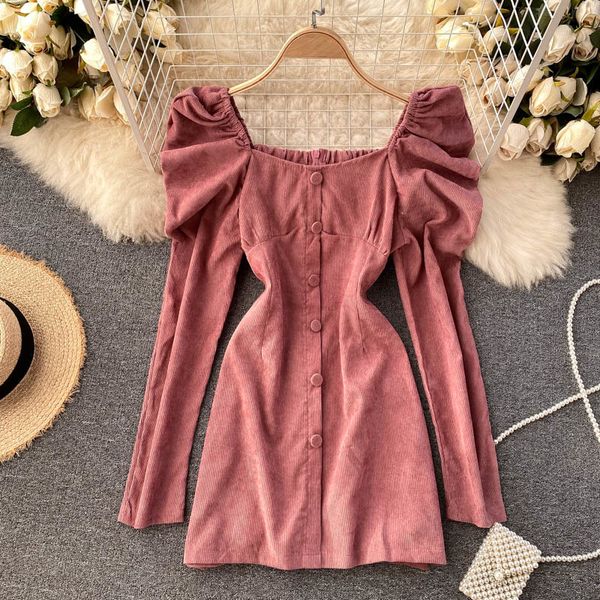 2021 new french puff sleeve temperament collar retro single-breasted slim short corduroy dress female autumn and winter all-match isbi, Black;gray
2021 new french puff sleeve temperament collar retro single-breasted slim short corduroy dress female autumn and winter all-match isbi, Black;gray