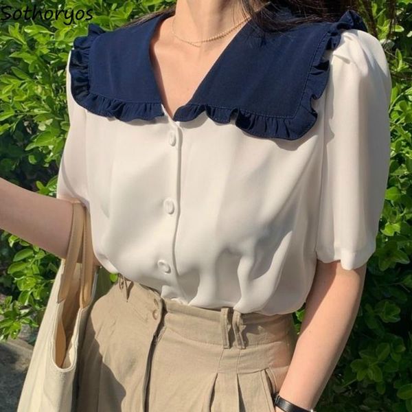 women shirts peter pan collar blouses sweet girls retro ruffles panelled loose single breasted all-match simple stylish, White
women shirts peter pan collar blouses sweet girls retro ruffles panelled loose single breasted all-match simple stylish, White
