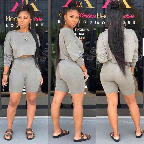 2pcs active set women short solid outfits long sleeve round neck t-shirt side pocket biker shorts casual clothes set, Gray
2pcs active set women short solid outfits long sleeve round neck t-shirt side pocket biker shorts casual clothes set, Gray