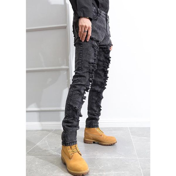 men's jeans ripped jeans slim fit pants dark gray heavy casual pants small leg pencil trend, Blue