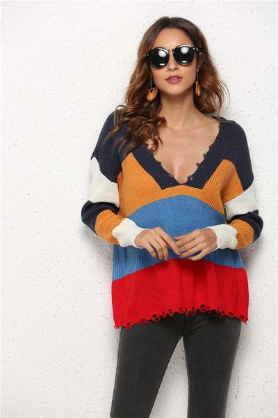 sweaters fashion mulit colors panelled v neck womens sweaters casual females autumn winter clothing holes womens designer, White;black 
sweaters fashion mulit colors panelled v neck womens sweaters casual females autumn winter clothing holes womens designer, White;black