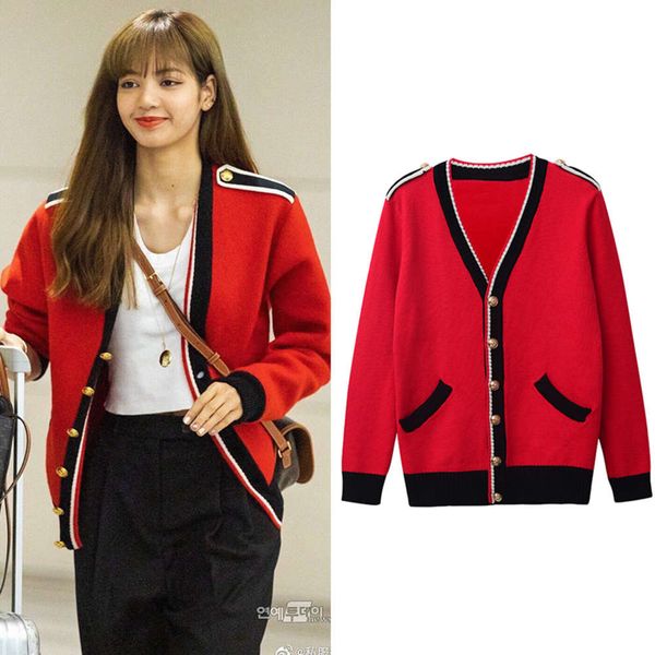 autumn and winter lisa same korean red color matching v-neck gold button knitted cardigan women's fashion sweater coat, White;black
autumn and winter lisa same korean red color matching v-neck gold button knitted cardigan women's fashion sweater coat, White;black