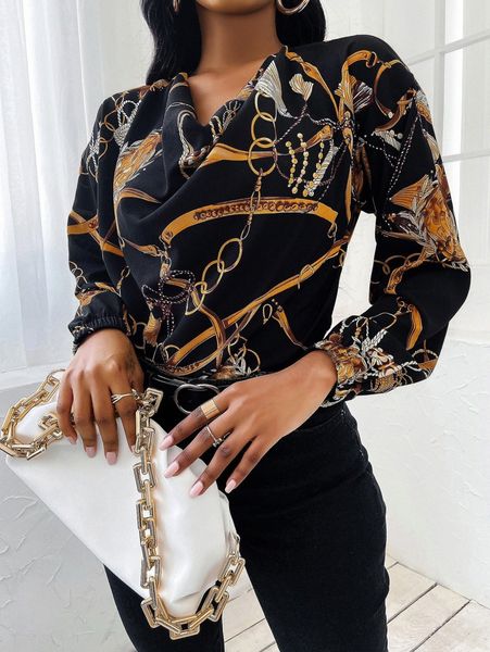 cowl neck chain print blouse y2b7#, White
cowl neck chain print blouse y2b7#, White