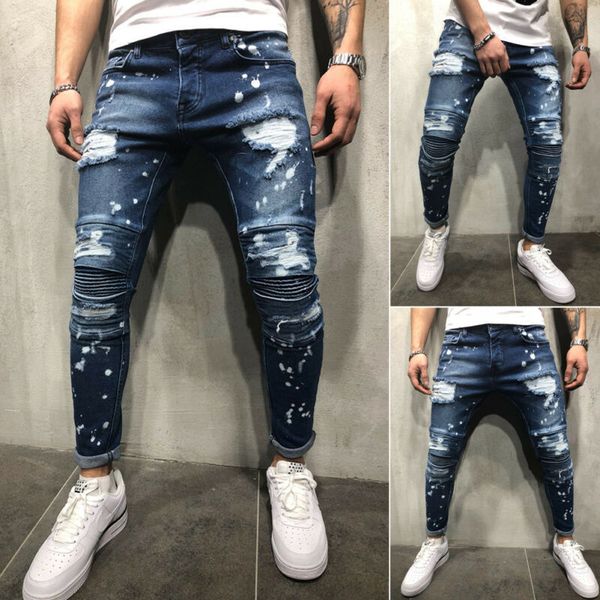 2019 fashion design new men solid color ripped biker skinny jeans frayed destroyed trousers casual denim pants, Blue
2019 fashion design new men solid color ripped biker skinny jeans frayed destroyed trousers casual denim pants, Blue