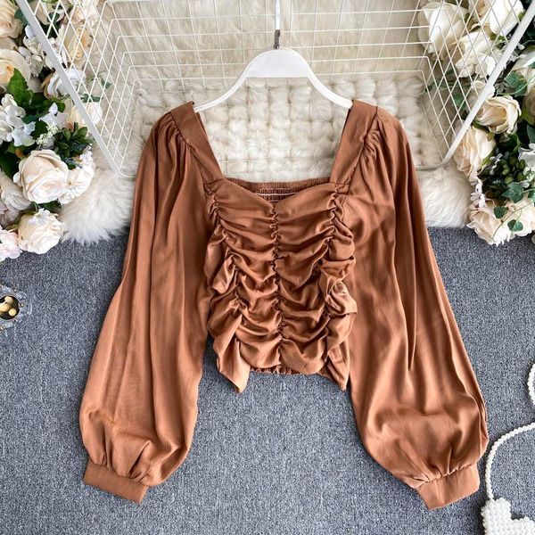 women pleated slim short autumn 2020 new fashion square neck long sleeve solid color shirts and blouse p499, White
women pleated slim short autumn 2020 new fashion square neck long sleeve solid color shirts and blouse p499, White