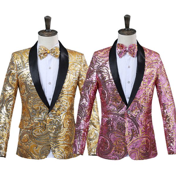 2018 mens pink gold flower sequins fancy paillette wedding singer stage performance suit jacket annual dj blazer with bow tie, White;black
2018 mens pink gold flower sequins fancy paillette wedding singer stage performance suit jacket annual dj blazer with bow tie, White;black