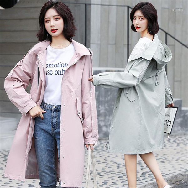 

new fashion hooded chic waist windbreaker women's 2019 spring autumn loose bf long trench coat overcoats xa1261, Tan;black