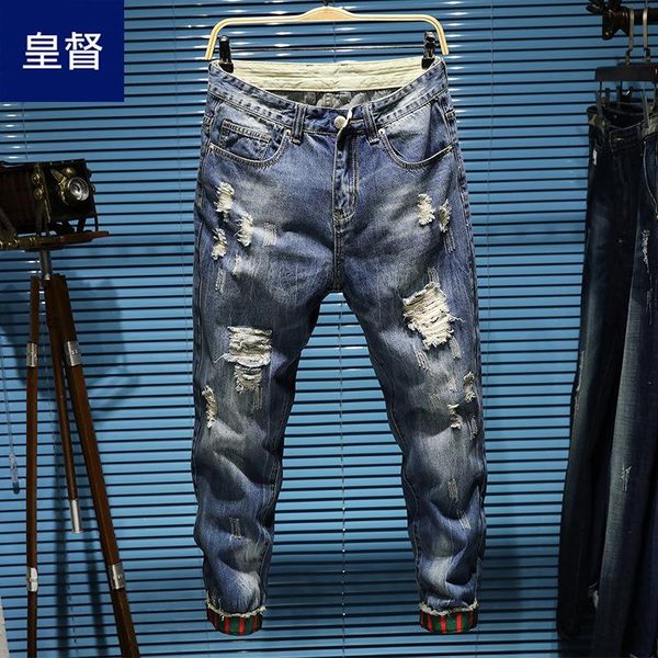 men's jeans plus-sized ninth pants irregular with holes beggar trend beam foot 9 buff, Blue
men's jeans plus-sized ninth pants irregular with holes beggar trend beam foot 9 buff, Blue