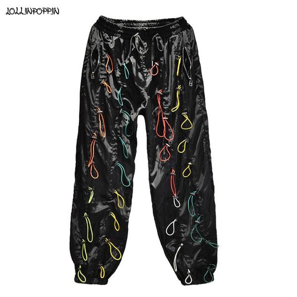 

High Street Colorful Draw Cords Embellished Men Casual Jogger Pants Elastic Waist Zippered Pockets Loose Trousers Hip Hop, Black