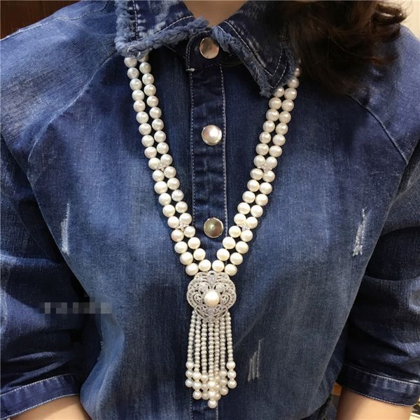 hand knotted 2rows natural 7-8mm white freshwater pearl zircon accessories tassel pendant necklace fashion jewelry, Silver
hand knotted 2rows natural 7-8mm white freshwater pearl zircon accessories tassel pendant necklace fashion jewelry, Silver