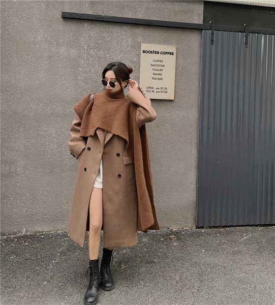 real sdouble-breasted mid-length woolen coat western-style suit coat + irregular knitted shawl, Black
real sdouble-breasted mid-length woolen coat western-style suit coat + irregular knitted shawl, Black