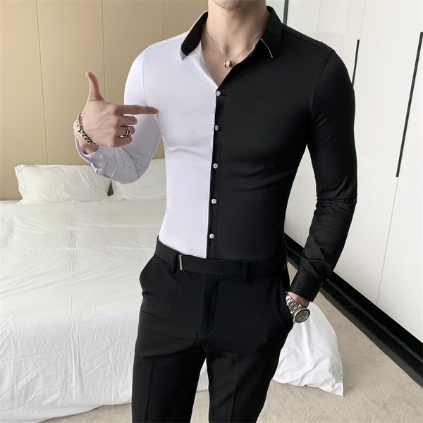 british style patchwork color shirt men fashion long sleeve men casual shirts simple all match slim fit tuxedo dress 3xl- 201123, White;black
british style patchwork color shirt men fashion long sleeve men casual shirts simple all match slim fit tuxedo dress 3xl- 201123, White;black