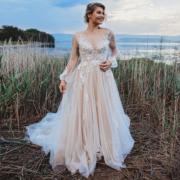 boho wedding dresses illusion long sleeve v neck deep open backless nude lining white lace a line bridal gowns robe de mariée
boho wedding dresses illusion long sleeve v neck deep open backless nude lining white lace a line bridal gowns robe de mariée