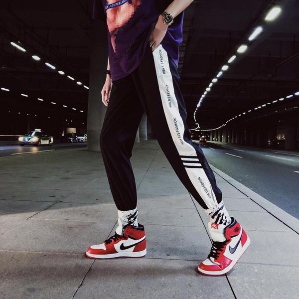 men's pants trendy lateral striation letter bottom-tied sweatpants men joggers casual fashional streetwear elastic waist trousers, Black
men's pants trendy lateral striation letter bottom-tied sweatpants men joggers casual fashional streetwear elastic waist trousers, Black