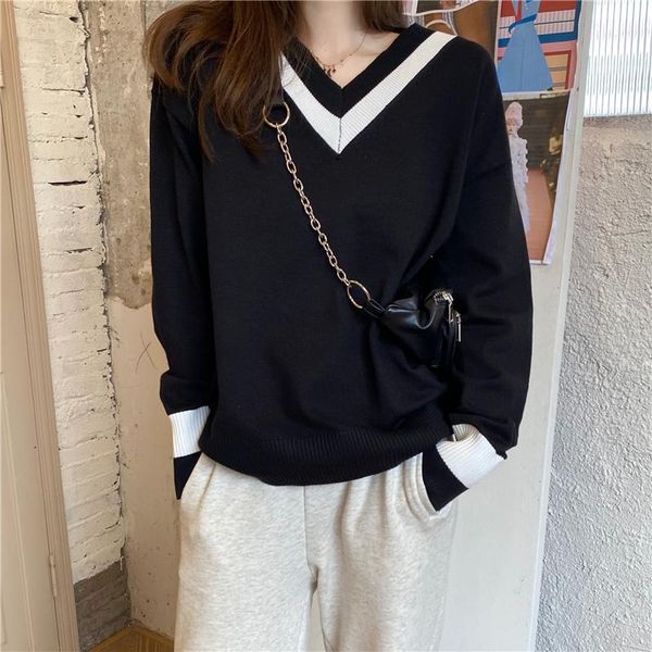 women's sweaters student loose color matching v-neck women sweater autumn and winter female sweet college style fresh pullover, White;black
women's sweaters student loose color matching v-neck women sweater autumn and winter female sweet college style fresh pullover, White;black