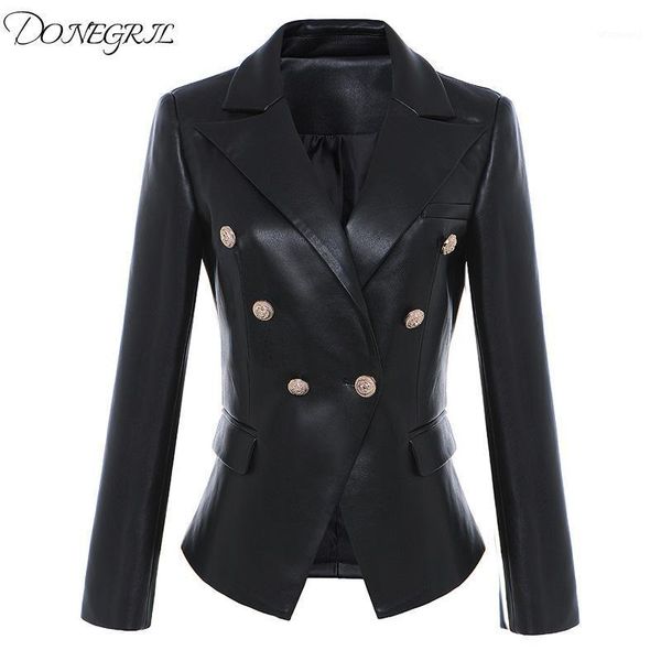 2021 autumn and winter new synthetic leather double breasted body suit suit coat1, Black
