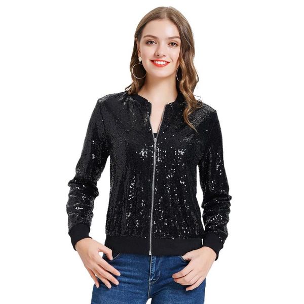women bomber jacket clothes casual cool sparkling sequins baseball jacket coat long sleeve stand collar zip-up autumn lady, Black;brown
women bomber jacket clothes casual cool sparkling sequins baseball jacket coat long sleeve stand collar zip-up autumn lady, Black;brown