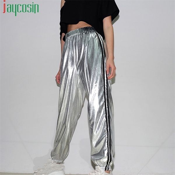 women trousers casual hip hop stretch leather metal silver high waist sports trousers plus size pants ladies loose trousers y200418, Black;white
women trousers casual hip hop stretch leather metal silver high waist sports trousers plus size pants ladies loose trousers y200418, Black;white