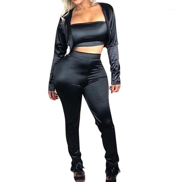 black satin three pieces set long sleeve blazer coats + wrap chest + long pant set elegant woman matchong ladies outfits1, Gray
black satin three pieces set long sleeve blazer coats + wrap chest + long pant set elegant woman matchong ladies outfits1, Gray