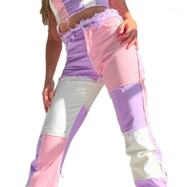 women's jeans autumn women cowboy patchwork street casual hip hop high waist loose straight pants ladies trousers 20211, Blue