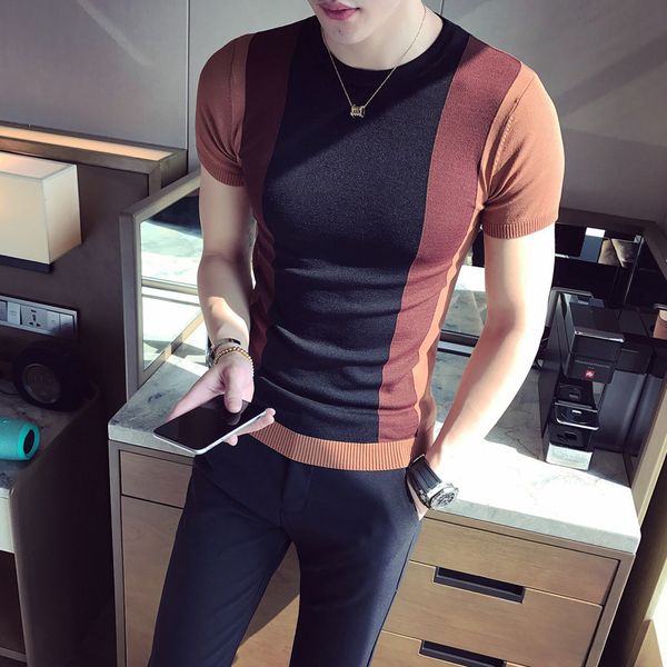 2022 summer elastic knitted short-sleeved men's t-shirt slim round neck youth simple british style stitching casual fashion men's, White;black
2022 summer elastic knitted short-sleeved men's t-shirt slim round neck youth simple british style stitching casual fashion men's, White;black