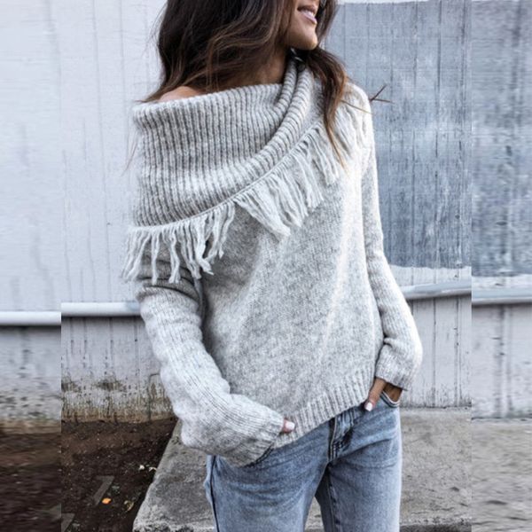 2020 autumn and winter new european and american scarf collar shoulder solid color pullover sweater simple and laid-back womens knitted, White
2020 autumn and winter new european and american scarf collar shoulder solid color pullover sweater simple and laid-back womens knitted, White