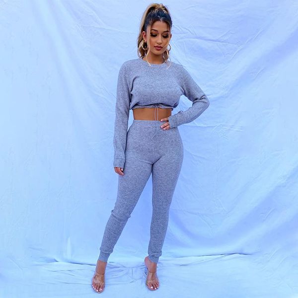 fashion women solid color knitting pants set female long sleeve elastic lace-up shirt sports slimming tight pants suit, Gray
fashion women solid color knitting pants set female long sleeve elastic lace-up shirt sports slimming tight pants suit, Gray