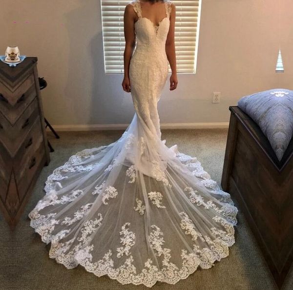 setwell sweetheart mermaid wedding dresses sleeveless lace appliques floor length long train plus size bridal gowns, White
setwell sweetheart mermaid wedding dresses sleeveless lace appliques floor length long train plus size bridal gowns, White