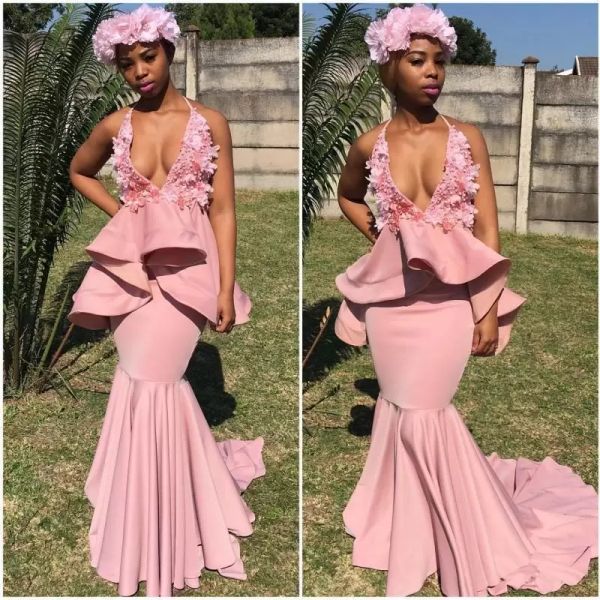 halter pink prom dresses mermaid with 3d floral applique ruffles custom made plus size sweep train evening party gown formal occasion wear v, Black 
halter pink prom dresses mermaid with 3d floral applique ruffles custom made plus size sweep train evening party gown formal occasion wear v, Black