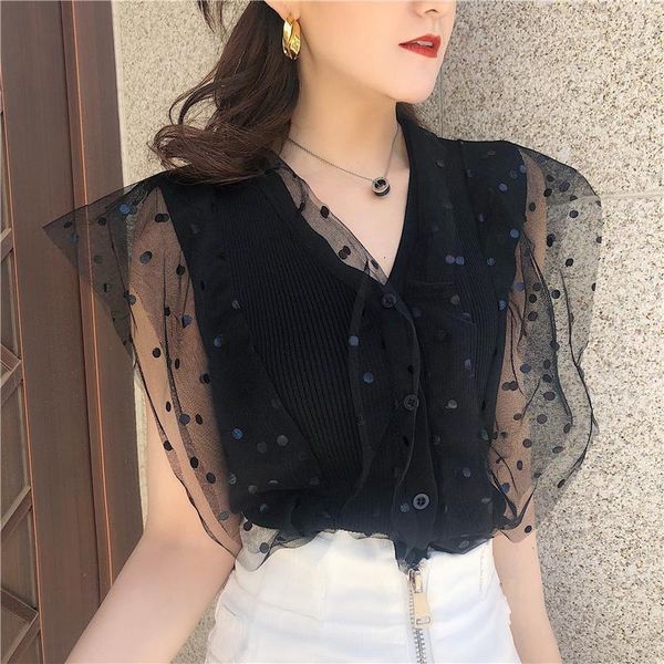 summer womens knitting tank crop patched dot mesh girls fairy chic short tanks cardigans for woman, White 
summer womens knitting tank crop patched dot mesh girls fairy chic short tanks cardigans for woman, White