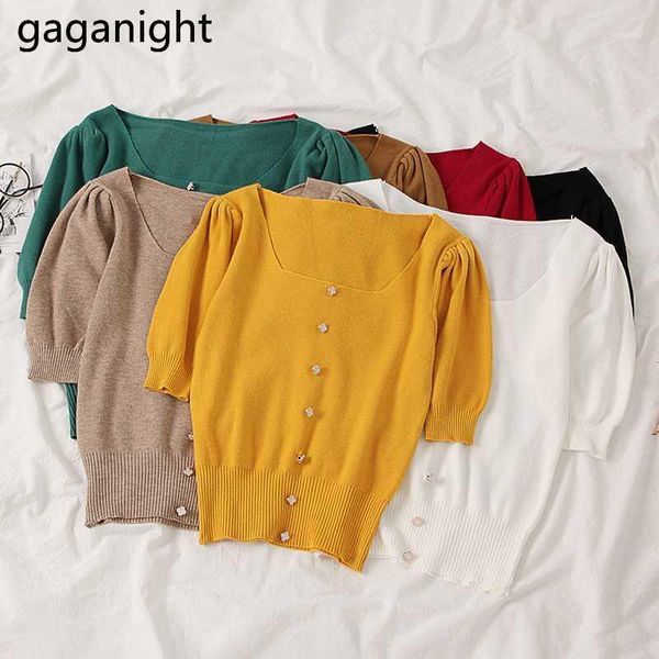 gaganight fashion women knitted t shirt half long sleeve square collar chic solid lady tshirt buttons summer cozy students1, White 
gaganight fashion women knitted t shirt half long sleeve square collar chic solid lady tshirt buttons summer cozy students1, White