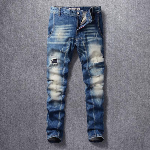 italian fashion men jeans retro blue slim fit spliced designer ripped denim trousers streetwear hip hop biker pants
italian fashion men jeans retro blue slim fit spliced designer ripped denim trousers streetwear hip hop biker pants