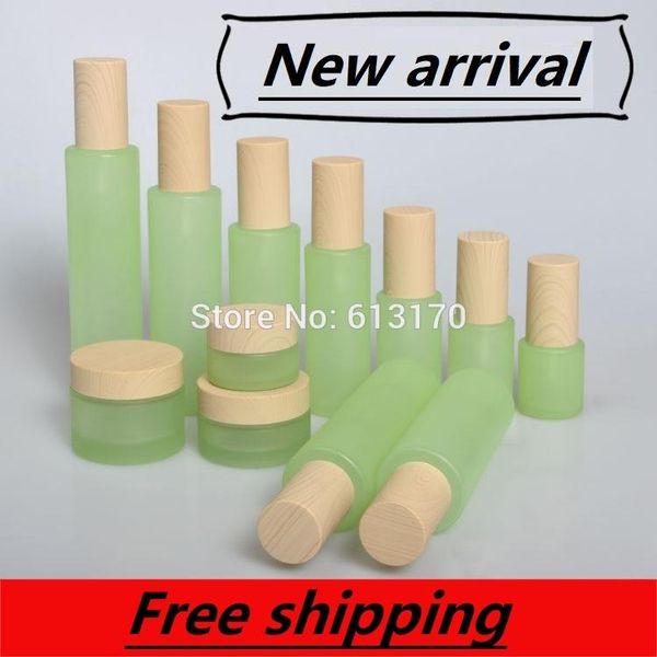 storage bottles & jars 120ml,100ml,60ml,30ml,20ml frosted green glass lotion pump bottle,wood grain cap,30g 50g empty cream jar,cosmetic pac