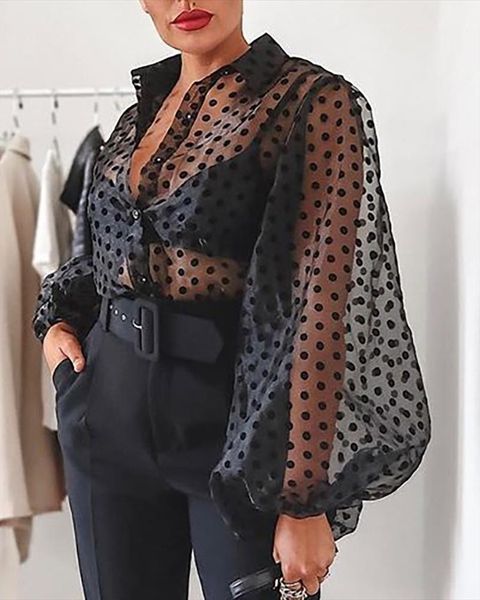 women polka dot blouse lady early autumn modern mesh shirt vogue see through loose button puff sleeve blouse high street, White
women polka dot blouse lady early autumn modern mesh shirt vogue see through loose button puff sleeve blouse high street, White