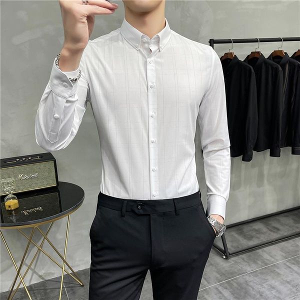 business casual shirts for men 2021 spring long sleeve slim plaid shirts social party dress blouse chemise homme, White;black
business casual shirts for men 2021 spring long sleeve slim plaid shirts social party dress blouse chemise homme, White;black