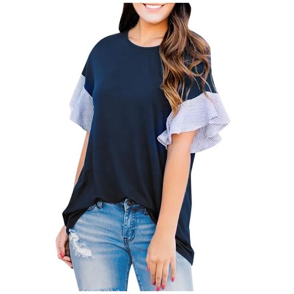fashion loose blouse women casual o-neck stripe splicing ruffles patchwork summer short sleeve blouse 2021 drop, White
fashion loose blouse women casual o-neck stripe splicing ruffles patchwork summer short sleeve blouse 2021 drop, White
