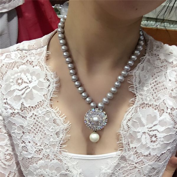 hand knotted natural 10-11mm gray freshwater pearl zircon accessories short chain necklace shell pearl pendant fashion jewelry, Silver
hand knotted natural 10-11mm gray freshwater pearl zircon accessories short chain necklace shell pearl pendant fashion jewelry, Silver