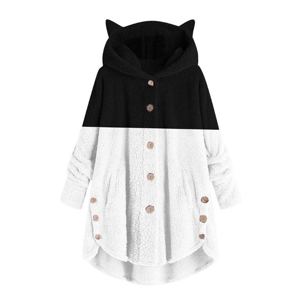 women fuzzy warm long sleeve ear hoodies coat color block button outwear 35ef, Black
women fuzzy warm long sleeve ear hoodies coat color block button outwear 35ef, Black