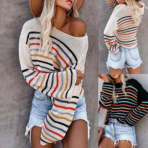 women's sweaters colorful striped sweater fashion one-neck off-shoulder knit shirt, White;black
women's sweaters colorful striped sweater fashion one-neck off-shoulder knit shirt, White;black