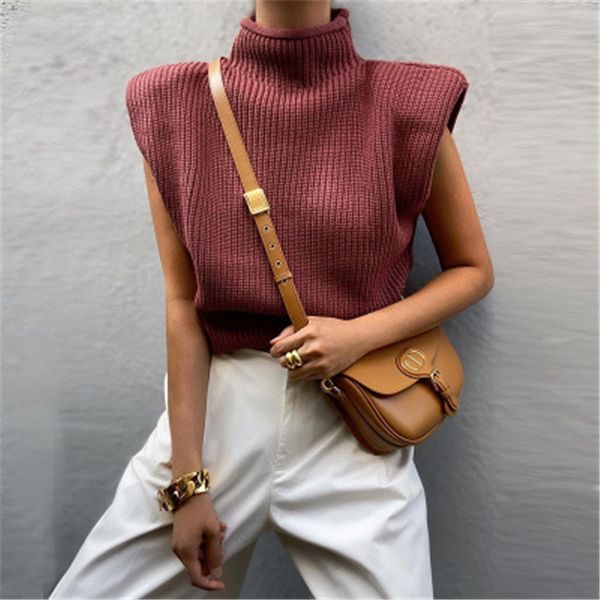 ladies shoulder pads sleeveless sweater fashion occident trend high neck knitted pullover designer female winter casual loose sweater, White;black
ladies shoulder pads sleeveless sweater fashion occident trend high neck knitted pullover designer female winter casual loose sweater, White;black