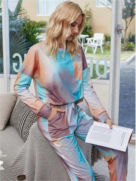 20 autumn and winter gradient color pajamas tie-dye long-sleeved trousers home two-piece set multiple colors available, White
20 autumn and winter gradient color pajamas tie-dye long-sleeved trousers home two-piece set multiple colors available, White