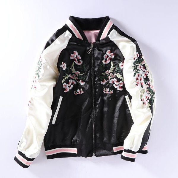 women's jackets double side face wear pink sakura embroidery satin cardigan coat women autumn winter street casual baseball cloth, Black;brown
women's jackets double side face wear pink sakura embroidery satin cardigan coat women autumn winter street casual baseball cloth, Black;brown