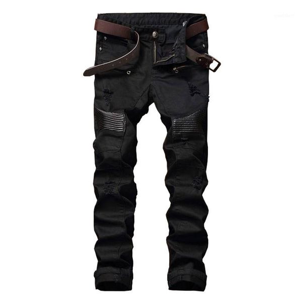 men's jeans wholesale- hi-street men ripped biker pants leather patchwork distressed denim slim fit straight trousers red white black j, Blue
men's jeans wholesale- hi-street men ripped biker pants leather patchwork distressed denim slim fit straight trousers red white black j, Blue