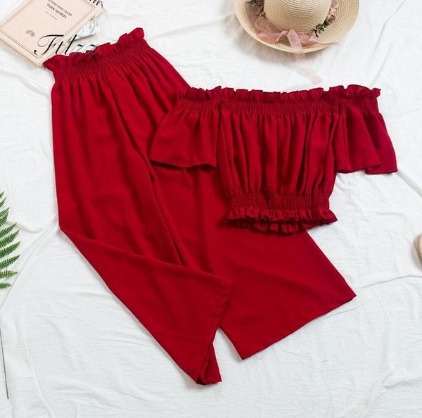 two piece dress 2021 beach sets clothes women slash neck crop wiht loose pants suits summer woman 2 pcs set feminino1, White
two piece dress 2021 beach sets clothes women slash neck crop wiht loose pants suits summer woman 2 pcs set feminino1, White