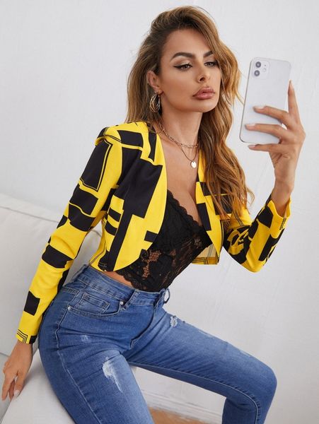 geo print open front crop blazer u2r0#, White;black