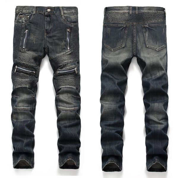 men's jeans pleated denim pants high street zipper quality brand men large size 29-42 retro motorcycle length, Blue
men's jeans pleated denim pants high street zipper quality brand men large size 29-42 retro motorcycle length, Blue
