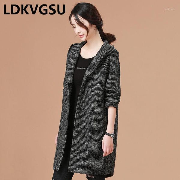 long hooded winter woolen coat female 2020 new loose large size korean single breasted gray striped women wool jacket is13221, Black
long hooded winter woolen coat female 2020 new loose large size korean single breasted gray striped women wool jacket is13221, Black